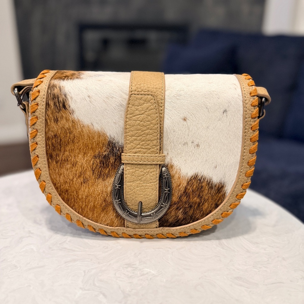 Trinity Ranch Western Hair-On Cowhide Saddle Crossbody Tan